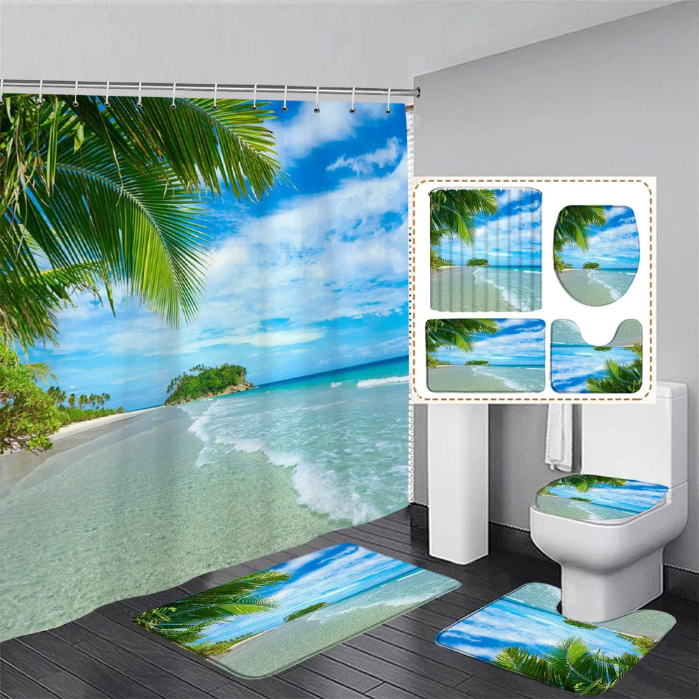 Ocean Landscape Shower Curtain Set Palm Leaves Starfish Conch Sea Wave Beach Bathroom Decor Non-Slip Rug Bath Mats Toilet Cover