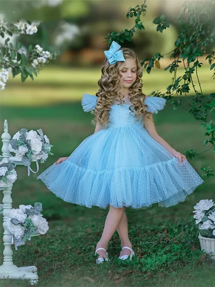 Abiti da ragazza di fiori per abiti da sposa adorabili blu personalizzati con volant al ginocchio Lunghezza festa di compleanno per bambini Fiocco Prima comunione