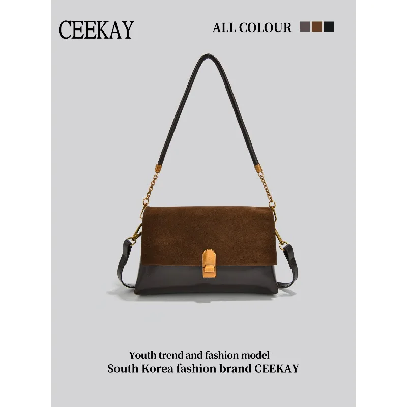 

Женская сумка CEEKAY оригинального дизайна, новинка 2025 года, замшевая сумка с контрастными вставками и цепочкой, высококачественная универсальная сумка-мессенджер.