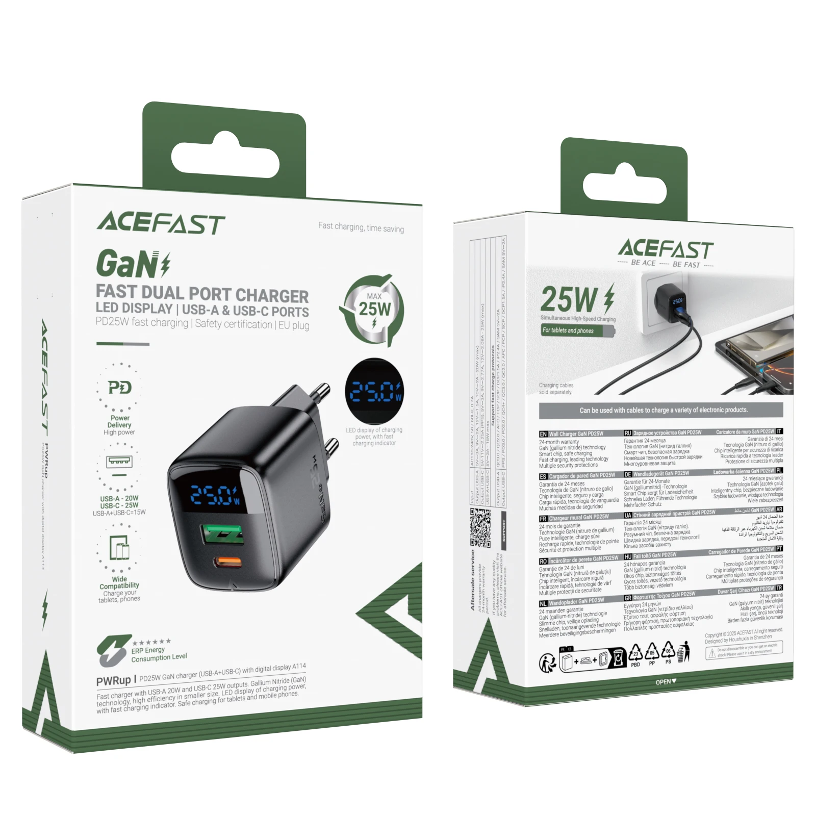 Pengisi Daya Cepat Ponsel ACEFAST EU GaN PD25W untuk iPhone 16 15 14 Pro Max Port USB C USBA dengan Adaptor Perjalanan Dinding Tampilan Digital LED