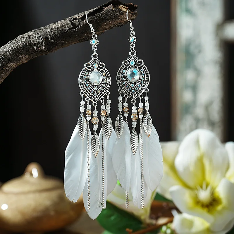 Boho Feather Long Leaf Tassel Drop Earrings For Women Geometric Rhinestone Crystal Beads Handmade Chain Wedding Earrings Jewelry