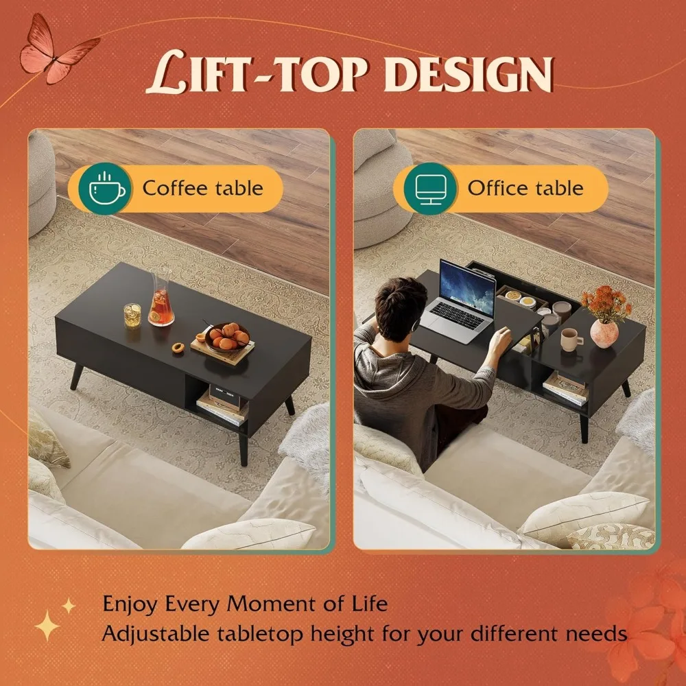 Mesa de centro de armazenamento ascendente para sala de estar - pequena mesa de centro de jantar de madeira com tampo elevatório e espaço de armazenamento