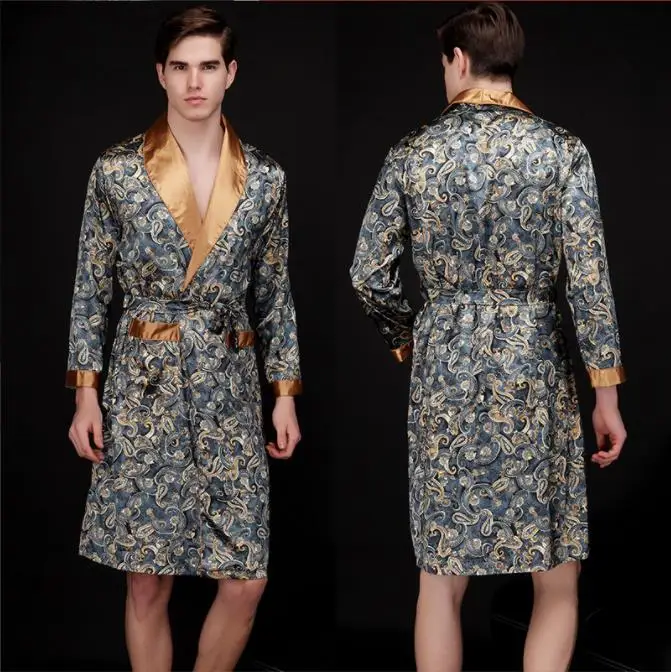 Men Mens Robe Long Sleeves Bathrobe Silky Satin  Kimono Dragon Print Pajamas Bathrobe Night Dressing Gown