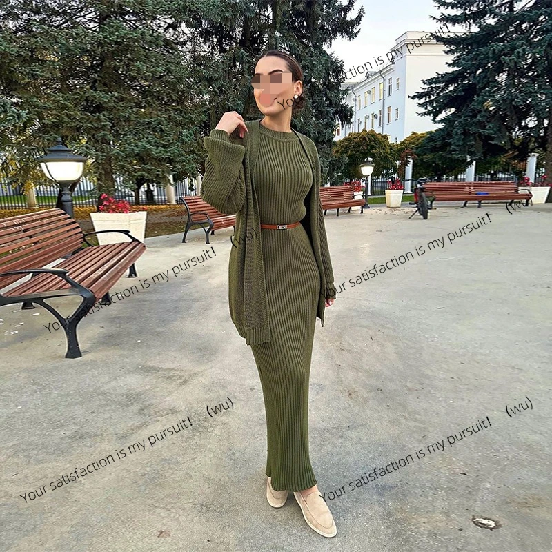 

Осенне-зимний новый повседневный облегающий кардиган с круглым вырезом и ленивым ветром, вязаный костюм, юбка