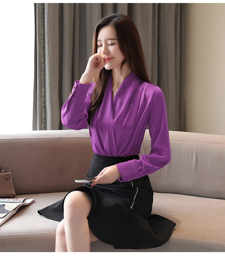 Korean fashion clothing Long-sleeved Shirt V-neck Satin blouse Solid color Office Lady Women Tops