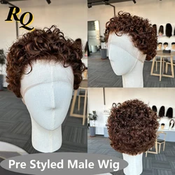Pre Styled Curly Wig For Man Color 4 Full Lace Wig Men's Hairpiece Toupee Men Virgin Human Hair Replacement System For Men