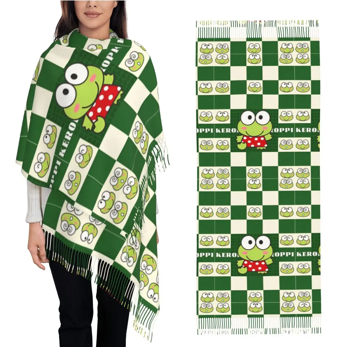 Ladies Scarf Keep Warm Cartoon Sanrio Keroppi Scarves Wraps with Long Tassel Frog Animal Vintage Shawls and Wraps Winter Bandana