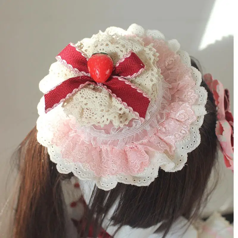 オリジナル手作りストロベリーファンタジア小物ピンクケーキシルクハットソフトガールロリータヘアバンド袖ペアクリップ