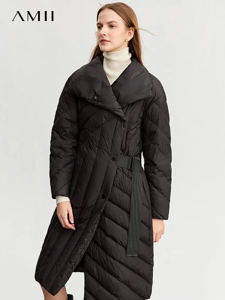AMII Minimalism Long Down Jacket For Women Winter New Lapel Stand Collar Adjustable Belt Lady Outwear Windproof Coats 12344105