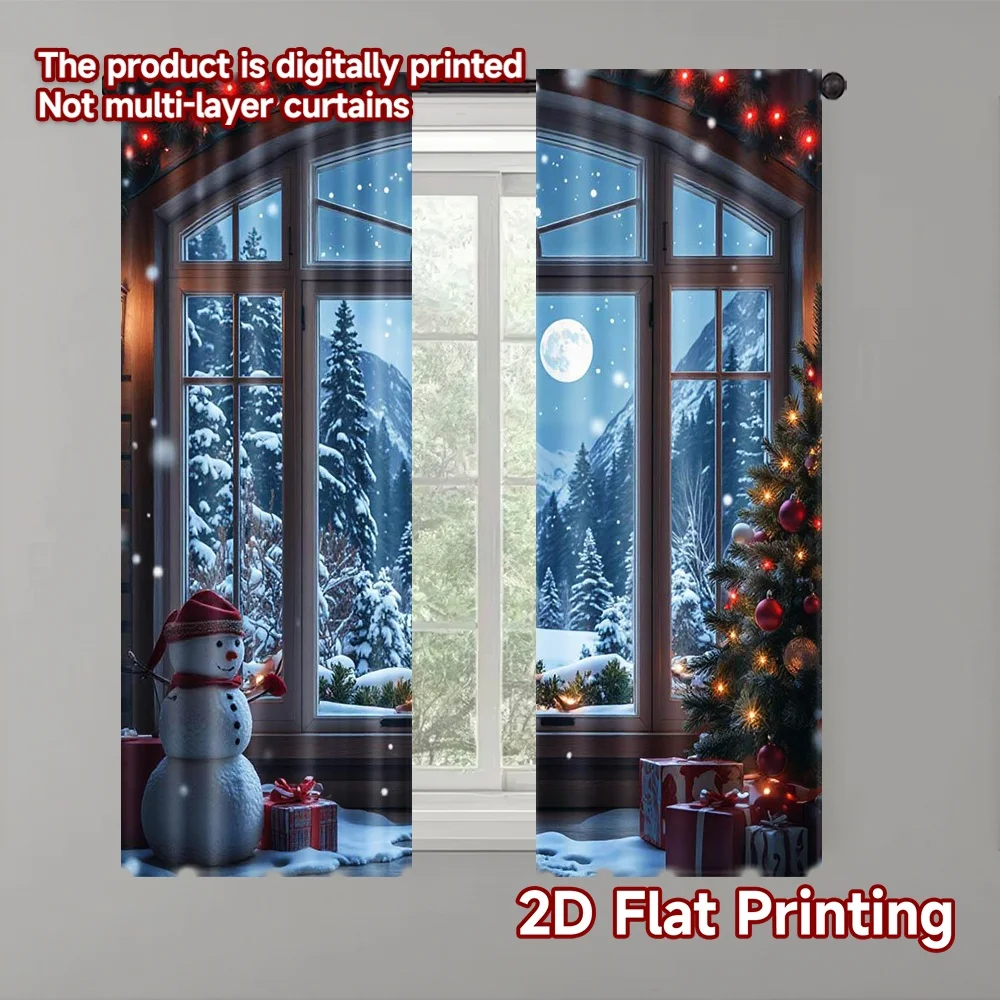 2 قطعة 2D الطباعة المسطحة عيد ميلاد سعيد نافذة الستائر شجرة عيد الميلاد سانتا كلوز الثلوج والقمر ليلة دائم 100% البوليستر