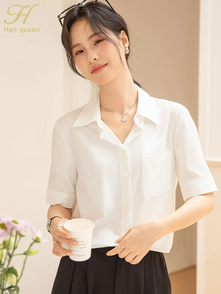

H Han Queen New Summer Korean White Pocket Vintage Women Blouses Elegant Short Sleeves Tops Office Shirt Casual Woman Clothing