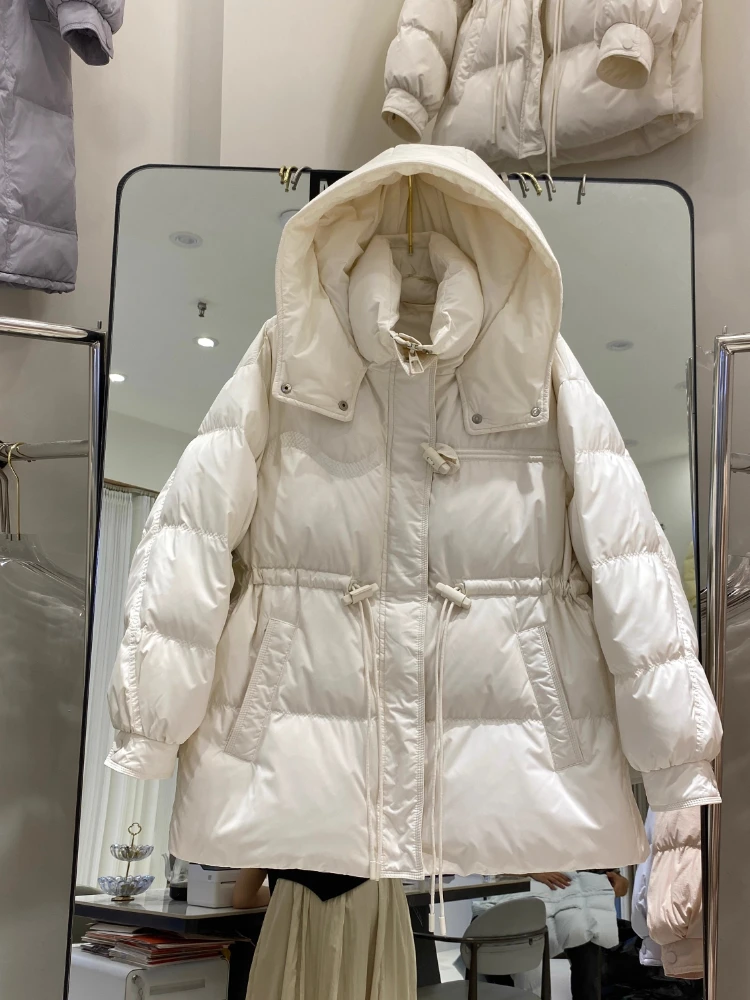 Veste en duvet de canard blanc pour femme, Parka mi-longue épaisse à capuche, couleur unie, manteau chaud surdimensionné, vêtements d'extérieur, nouvelle collection hiver 2025