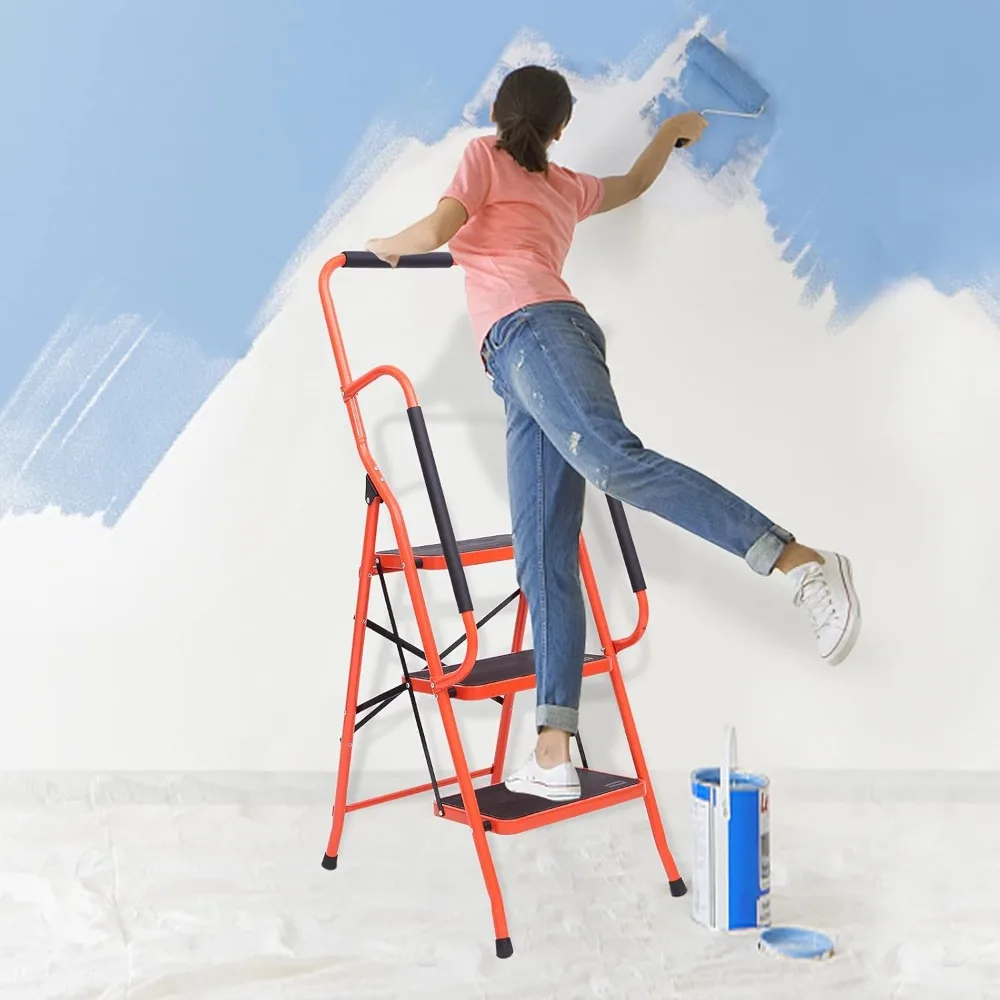 Scaletta portautensili pieghevole in acciaio a 3 gradini con impugnature imbottite e pedali larghi