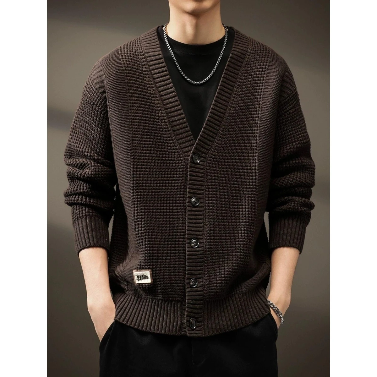 

High-End Texture Knitted Cardigan Sweater Casual Autumn Winter Men's Outerwear Relax Fit Polyester Fiber Non-Hat with Sve