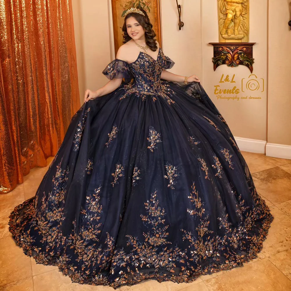 Vestido De quinceañera azul marino oscuro con hombros descubiertos, vestido De baile con cuentas, apliques De lentejuelas, corsé De encaje, 15 Años