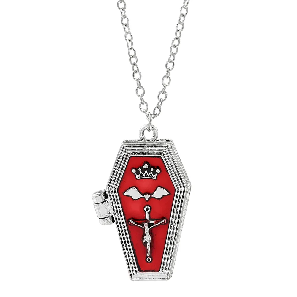 

Vampire Hallowee Bat Cross Open Box Coffin Casket Red Enameled Pendent Charm Necklace Vintage Punk Cool Vampire Jesus Jewelry
