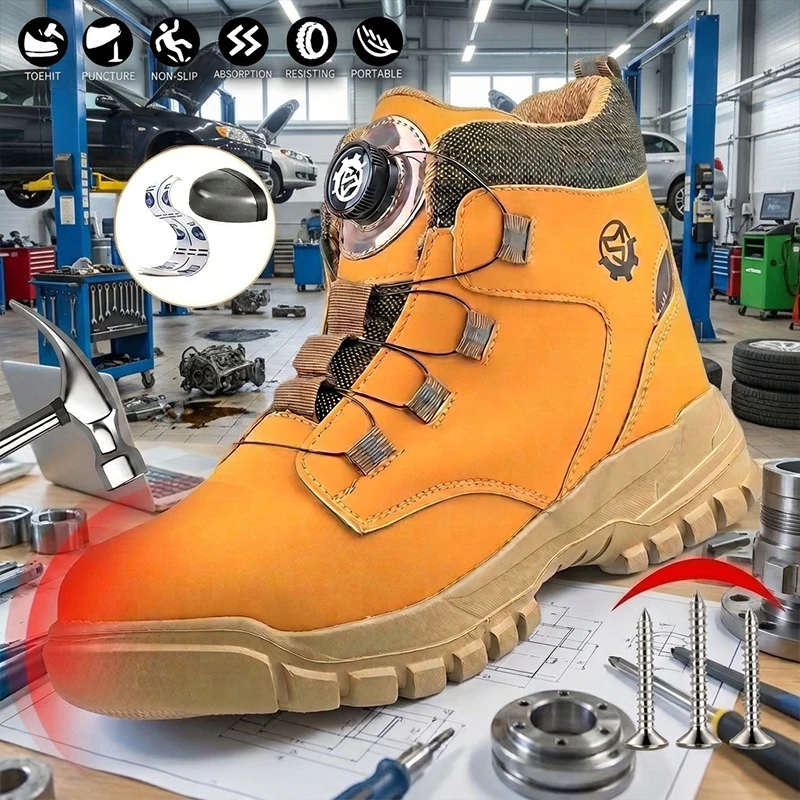 High Top EVA Sole Microfiber Leather Rotating Lacing Steel Cap Puncture Resistant Shockproof Safety shoes Unisex
