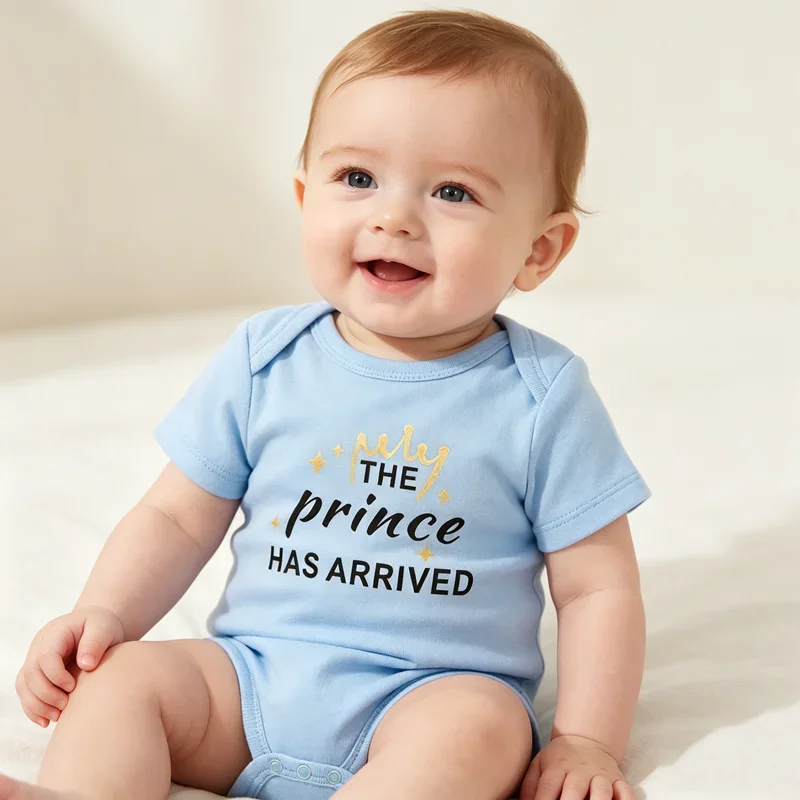 Thh Prince Has Arrived Baby Boy Clothing Summer Cotton Blue Bodysuit Short Sleeve Letters Print Romper Simple Jumpsuit