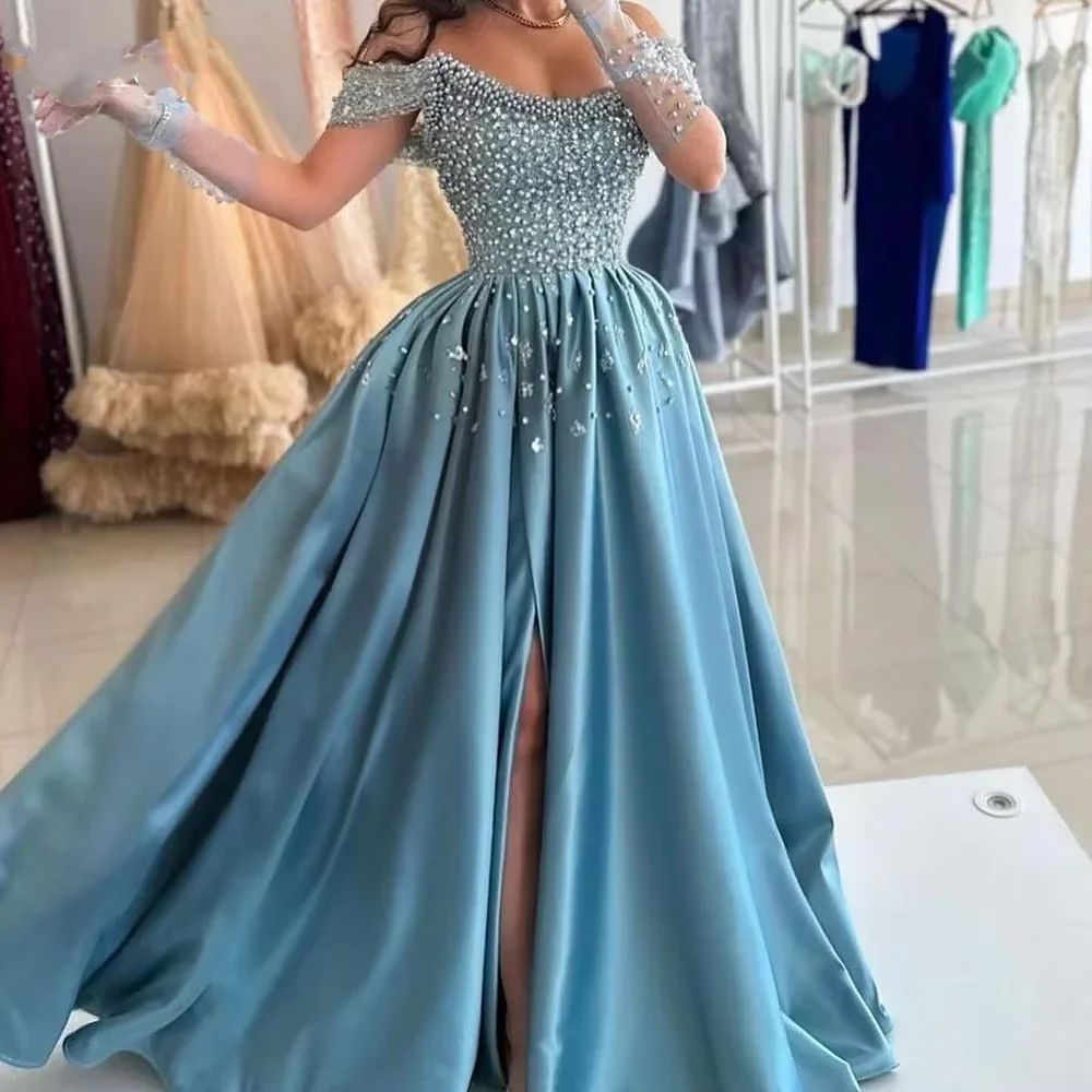 Maßgeschneiderte schulterfreie glänzende Abendkleider mit hohem Schlitz, Perlen verziert, rückenfrei, Abendkleid, Arabia Dubai, Party-Robe de Soirée