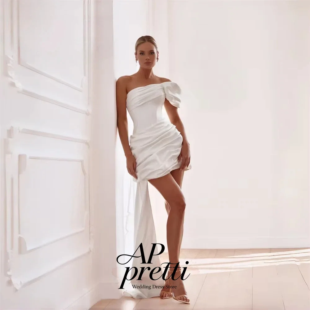 AP pretti 2026 Customized Modern One Shoulder Short Sleeve Wedding Dresses For Woman Satin Pleat Mini-length Bridal Gown