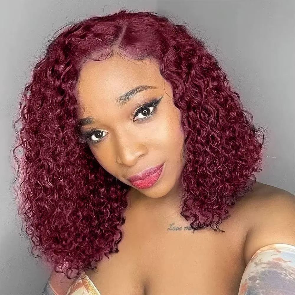 99J Red Brazilian Curly Short Bob 13x4 Burgundy Lace Front Human Hair Wigs For Women 180% Density Lace Frontal Wigs Deep Wave