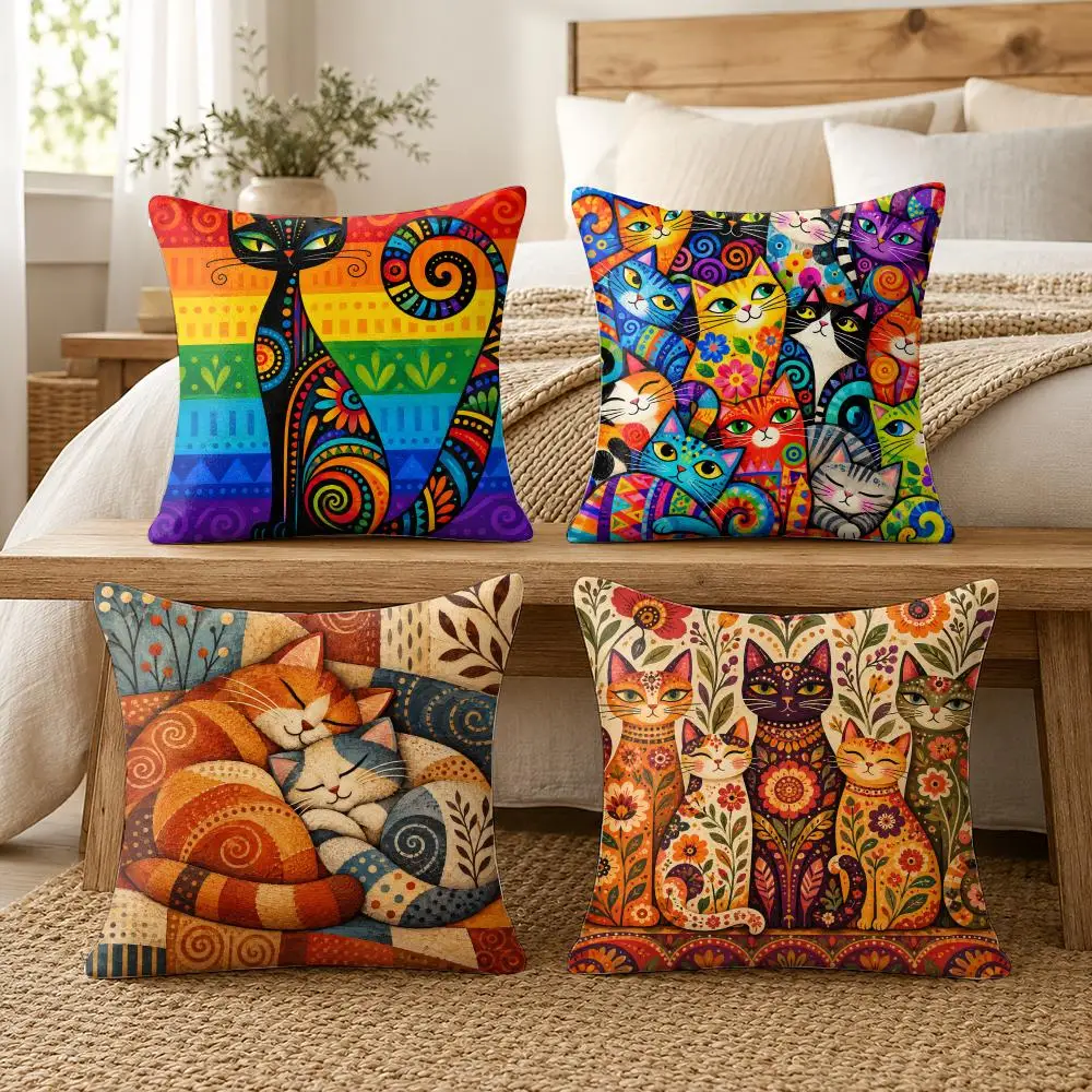 Whimsical Cat Art Abstract Colorful Cushion Cover Soft Pillow Cases Hidden Zipper Cutecore Sofa Bedroom Home Decor Gift