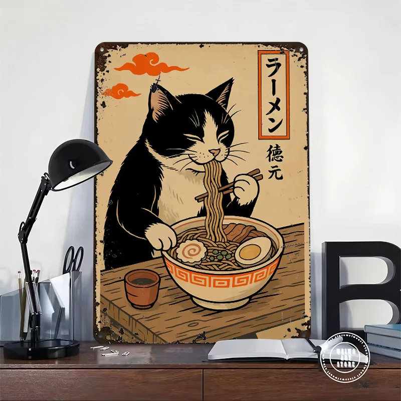 Cat Eating Ramen Vintage Metal Poster Gaming Room Decoration At Home Customizable Metal Tin Signs for Wall Art Decoration Retro