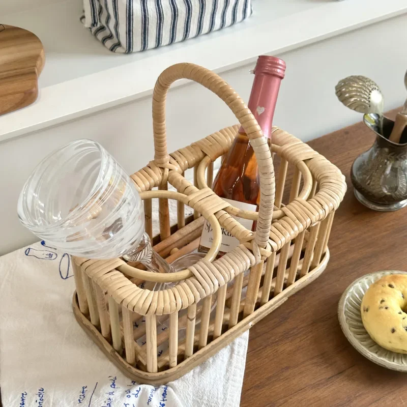 Korean Ins Rattan Woven Picnic Basket Portable Red Wine Rack Hand-woven Ornaments Pastoral Wind Household Storage Basket