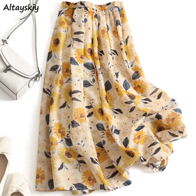 

Floral Skirts Women Sunflower Spring Prairie Chic Sweet Korean Fashion A-line Casual Elastic Female Mid-calf Vintage Streetwear