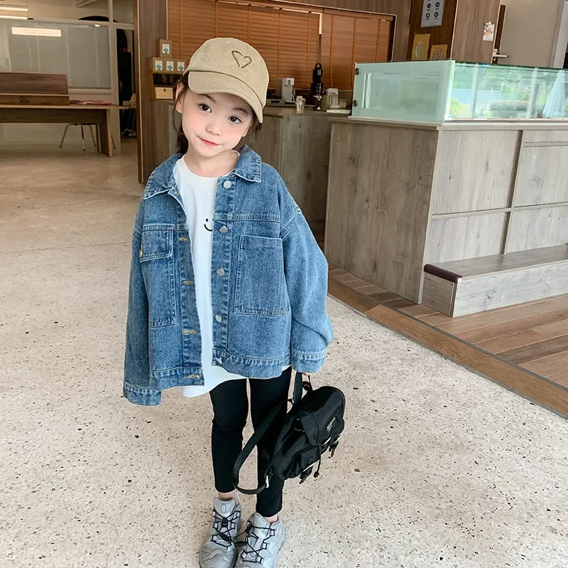 

2023 Autumn baby girl washed cotton denim Coat fashion boys lapel collar casual jacket kids outwear