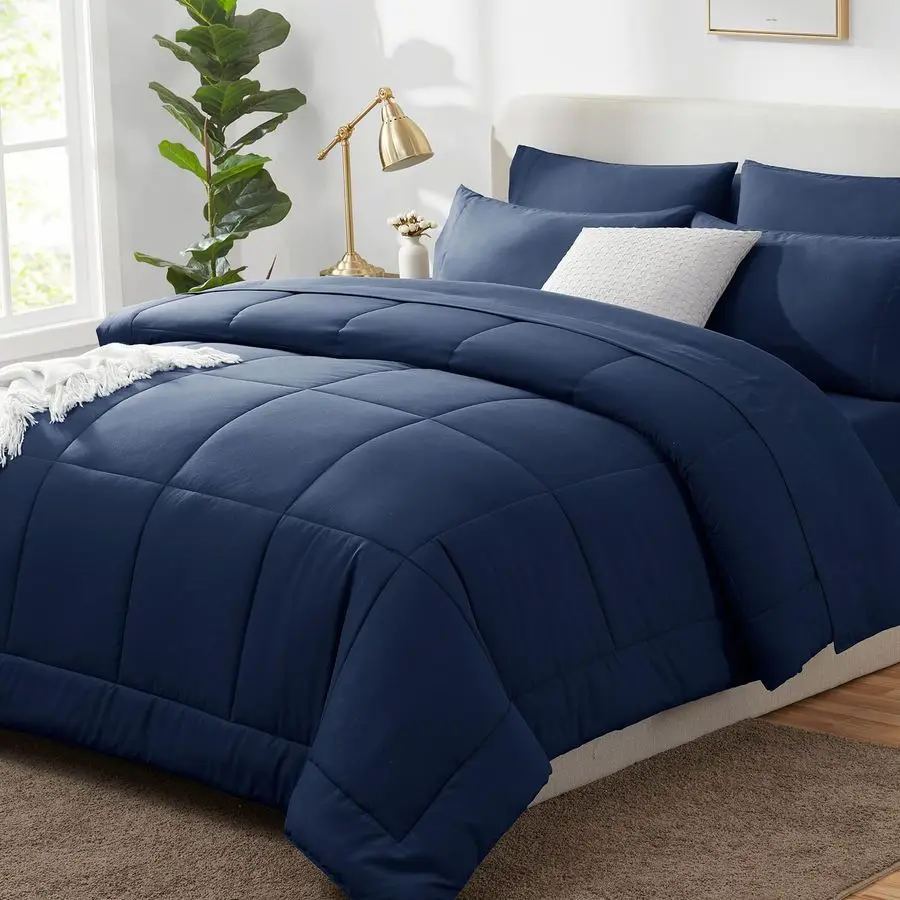 

Queen Comforter Set Navy Blue, 7 Pieces Bed in a Bag, Blue Comforter Queen Size, All Season Bedding Sets with Stitch Quilted Com