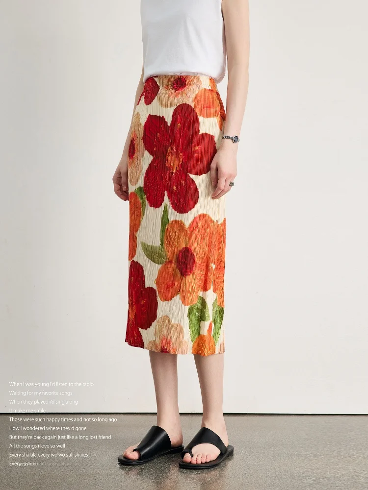 

Elegant Floral Print High Waist Skirt Textured High Elasticity Pleated Half-length Casual Style Polyester Fiber Citywalk Skirt
