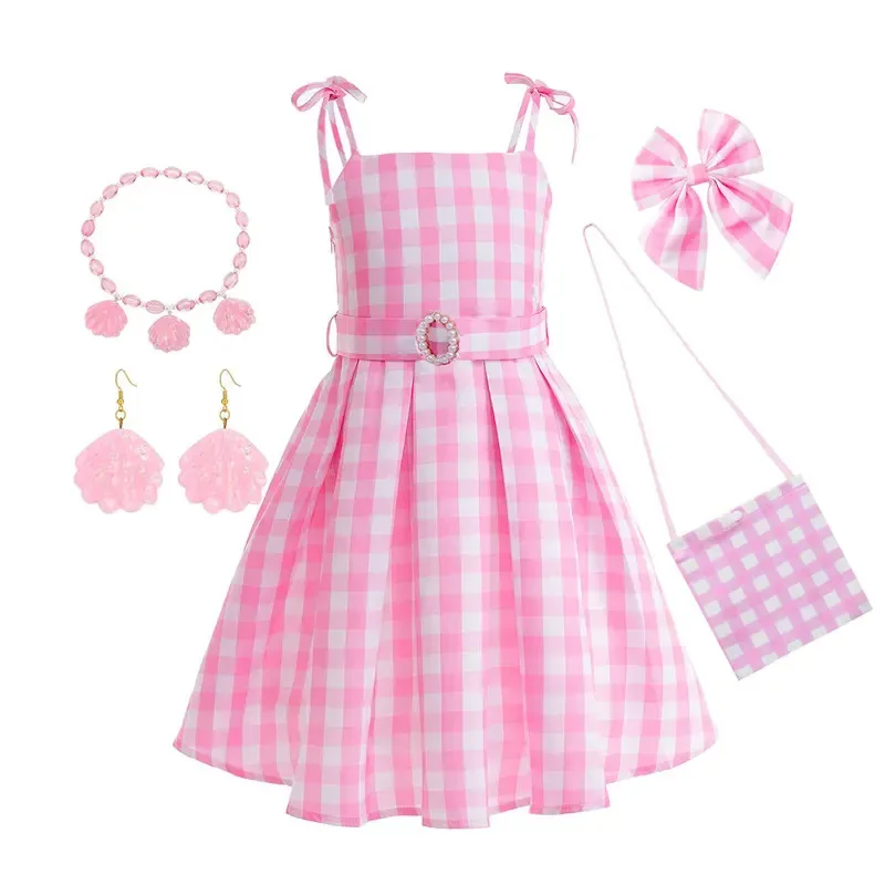 

Культовая кукла, платье Барби для ролевых игр, летнее платье с открытыми плечами для девочек, винтажная розовая клетчатая одежда 80-х годов, детская одежда Барби на Хэллоуин