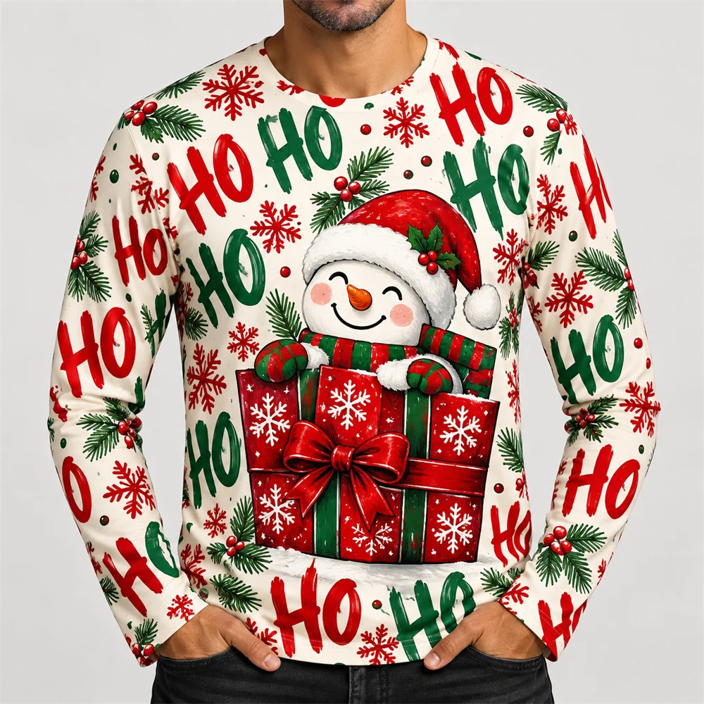 Christmas Cute Snowman Long Sleeve T Shirt For Men 3D Print Ho Ho Ho Graphic Funny Santa Claus Crew Neck Top Holiday Party Wear
