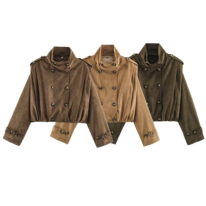 YENKYE Crop Faux Suede Coat Ladies Long Sleeve Elastic Hem Pleated Casual Loose Autumn Winter Jacket Double Breasted Outerwear