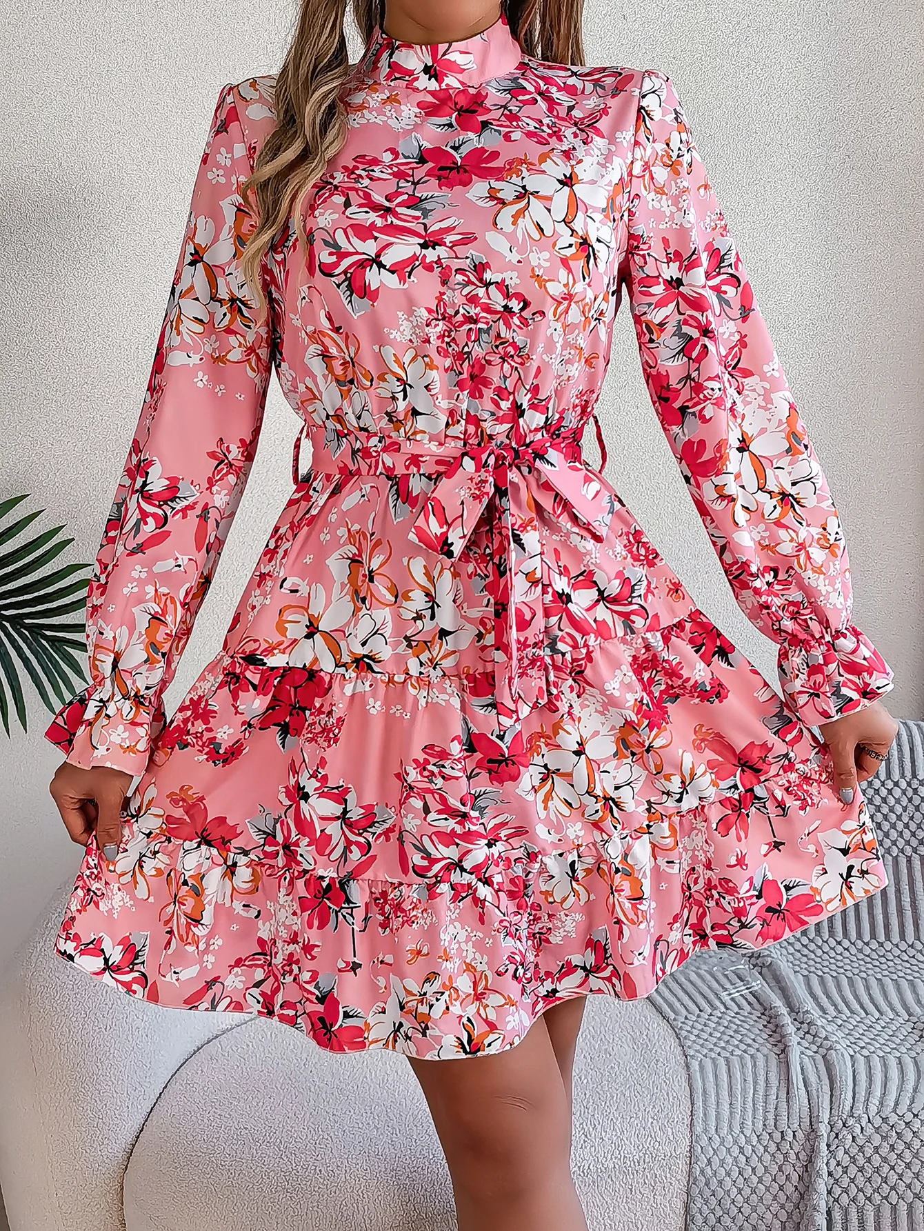 Elegant Mock Neck Belted Ruffle Hem Floral Print Dress For Spring & Fall, Women\'s Clothing