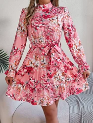 Elegant Mock Neck Belted Ruffle Hem Floral Print Dress For Spring & Fall, Women's Clothing