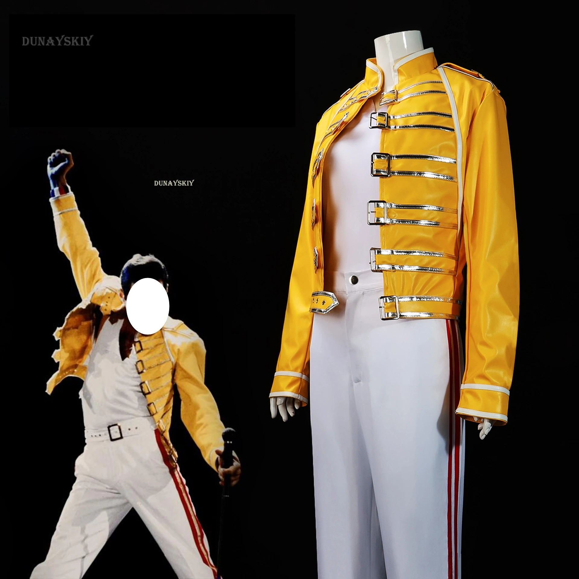 

Cosplay Aniem Queen Lead Vocals Costume Yellow Coat Uniform Suit Halloween Party Performance Outfit for Men
