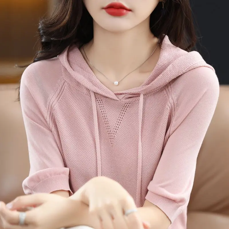 Spring Summer Women Solid Short Sleeve Knit Hoodies Versatile Loose Fashion Sweatshirts Korean Vintage Pullover Casual T-shirt