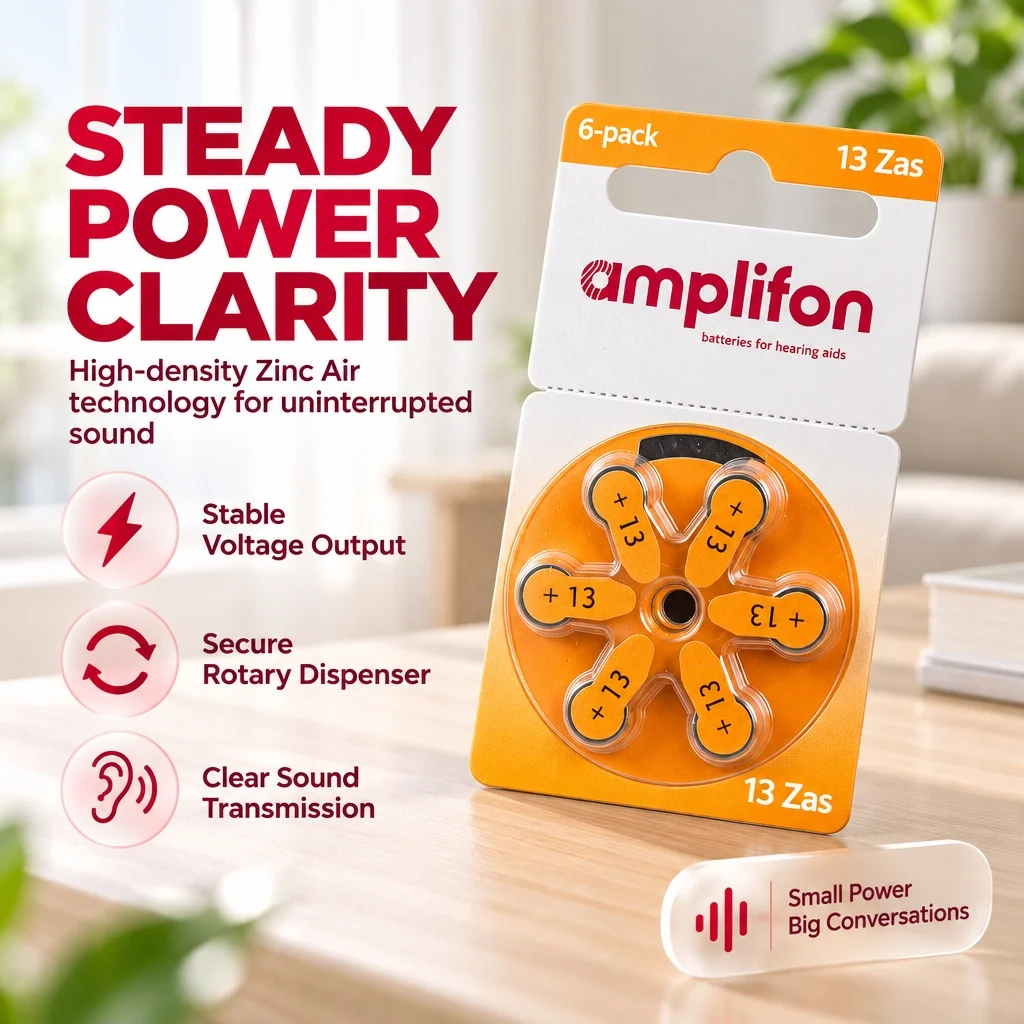 Amplifon Zinc Air Hearing Aid Batteries Size 10 13 312 6 Pack Color Coded Rotary Long Lasting Power for BTE RIC ITE Hearing Aids