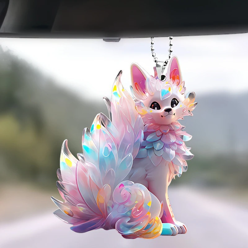 Cute Car Pendant Colorful Fox Keychain Hanging Car Mirror Charm Ornament Interior Accessories for Tree Home Office