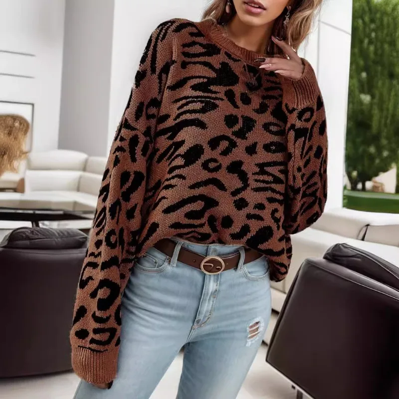 Autumn and Winter New European and American Loose Round Neck Leopard Puff Sleeve Knitwear Pullover Sweater Women