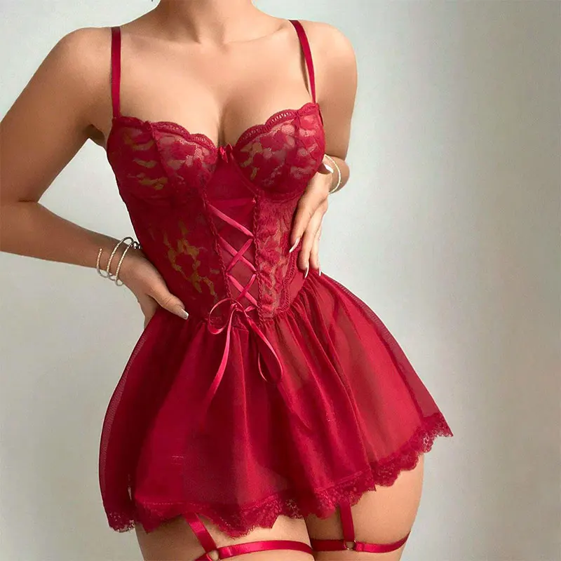 Damen-Dessous-Set Transparenter BH Mini-Slip Strumpfhalter 3-teiliges Unterwäsche-Set mit Beinschlaufen-Accessoires Lolita Cosplay Kit Dünne BHs