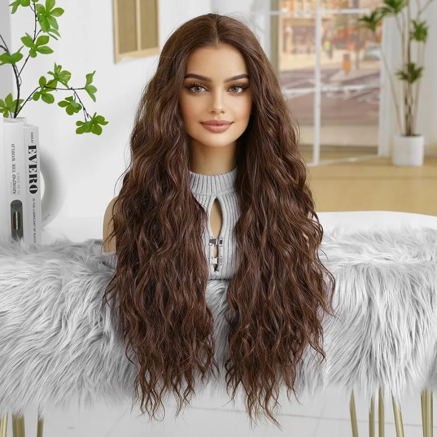 26 بوصة شعر مستعار موجة المياه للنساء شعر مستعار اصطناعي مجعد ارتداء البني والذهاب غلويليس استبدال الشعر المستعار للاستخدام اليومي Perfec