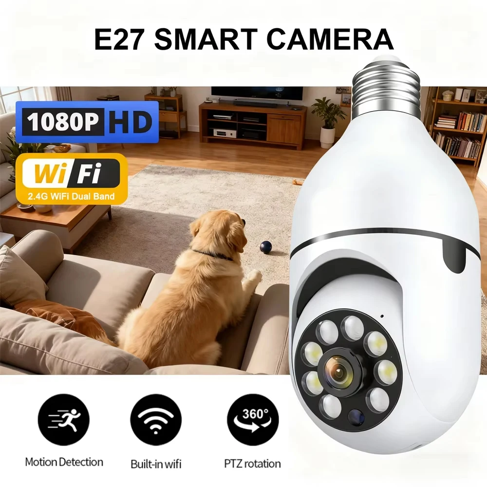 E27 2.4GWiFi IP Camera Bulb Cam Wireless Baby Monitor AI Tracking Security Video Surveillance Pet Cam 360° View Motion Detection