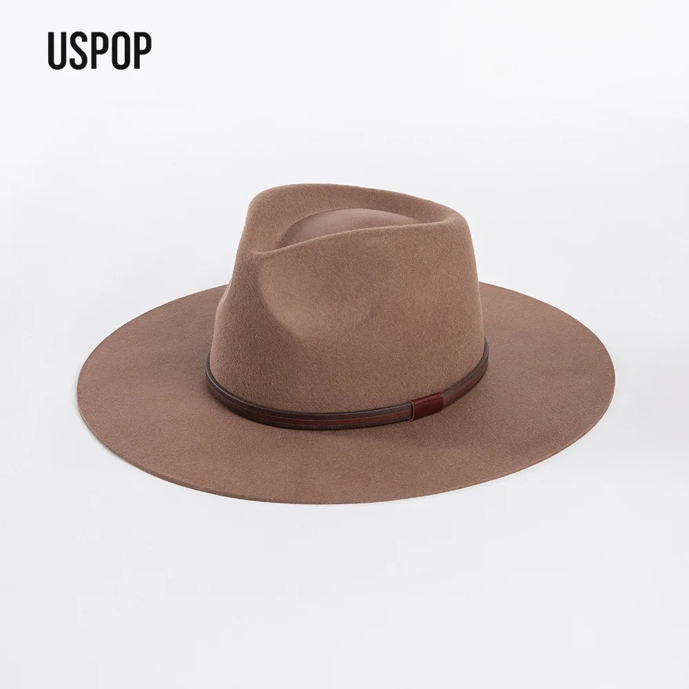 

USPOP Fashion Vintage Brown Wool Fedora Hat with Belt for Women Men Autumn Winter Unisex Wide Brim Warm Felt Hat