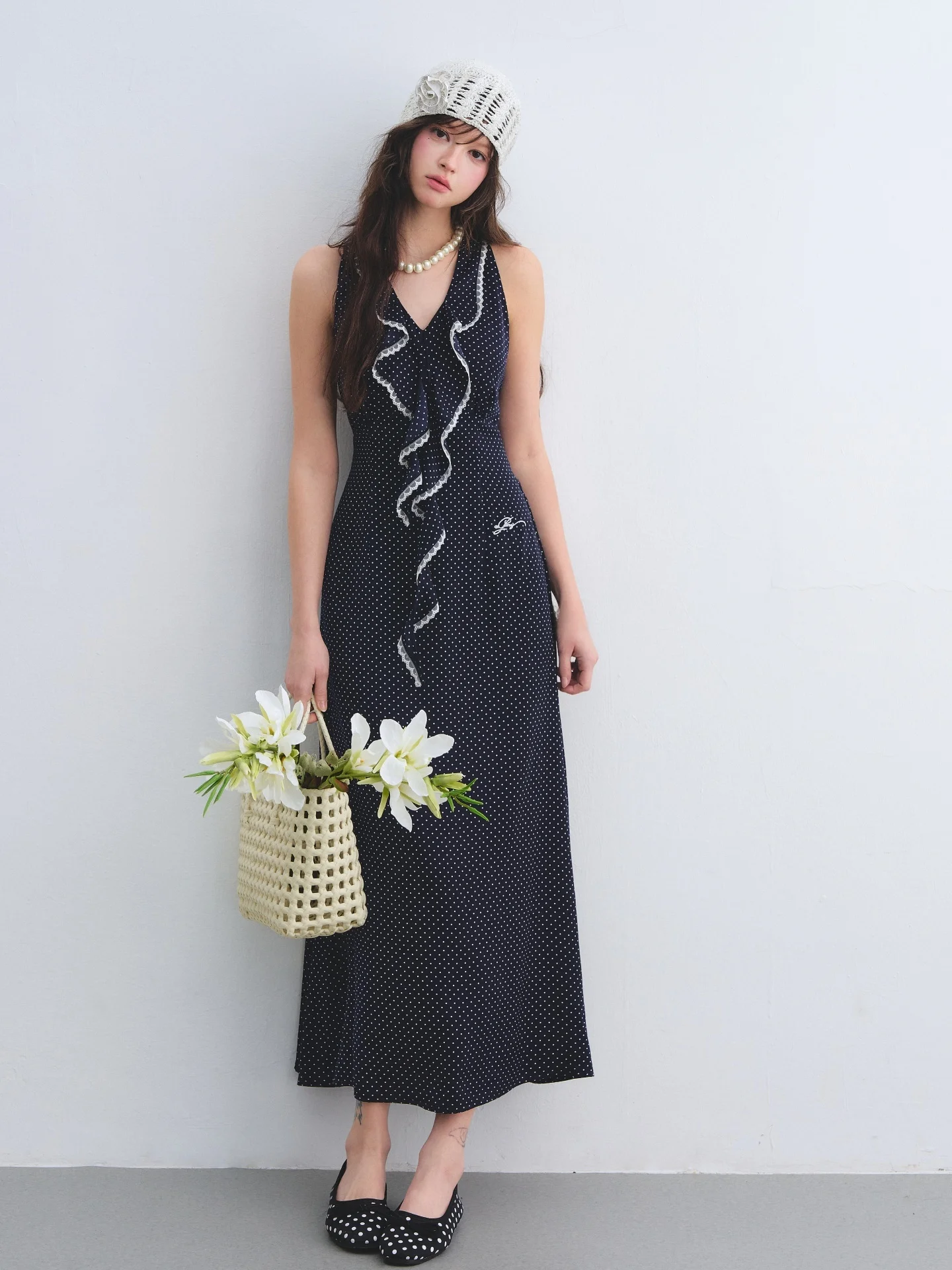 

Elegant AsGony Vest Dress Midi Skirt High Waist Polka Dot Ruffle Sleeveless V Neck Midi Dress Skin Friendly Breathable a Line