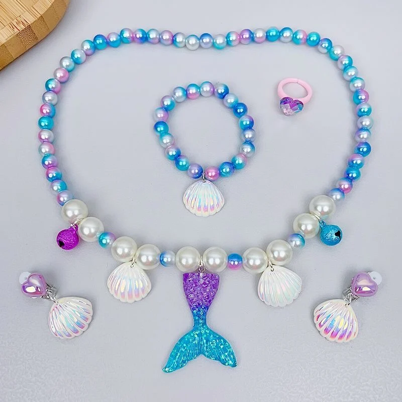 2/5pcs Girls Jewelry Sets Mermaid Pearl Necklace Bracelet Ring Earring Set Kids Toys Children Princess Fashion Accessories