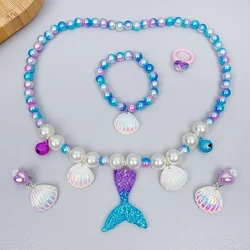 5pcs Girls Jewelry Sets Mermaid Pearl Necklace Bracelet Ring Earring Set Kids Toys Children Princess Fashion Accessories Girl