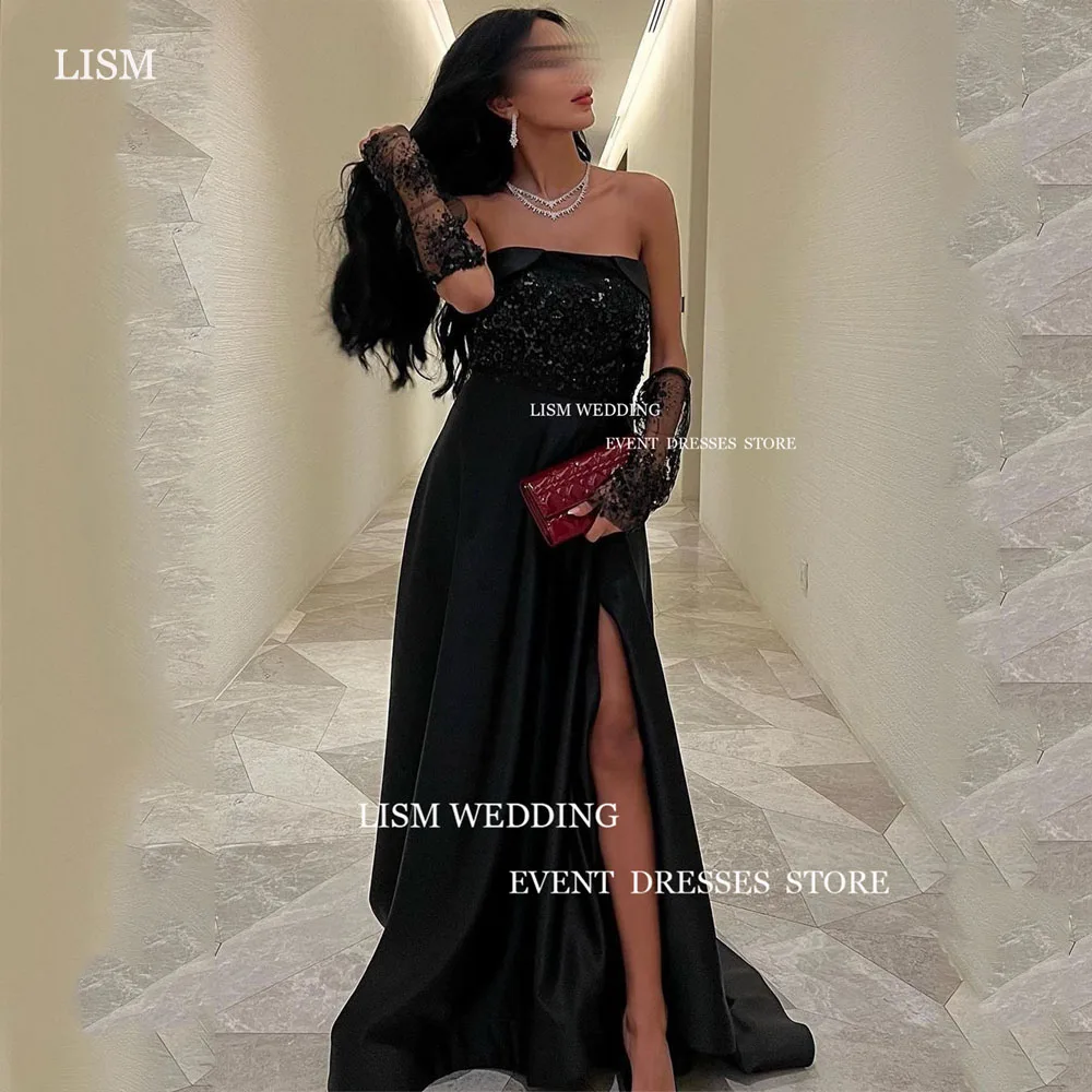 

LISM Elegant Sparkly Black Evening Dresses Saudi Arabic Women Strapless High Side Split Formal Prom Dress Robes De Soirée